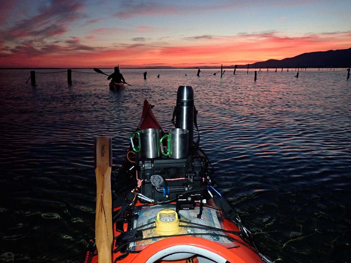 cafe, posta de sol, kayak, delta de l'ebre