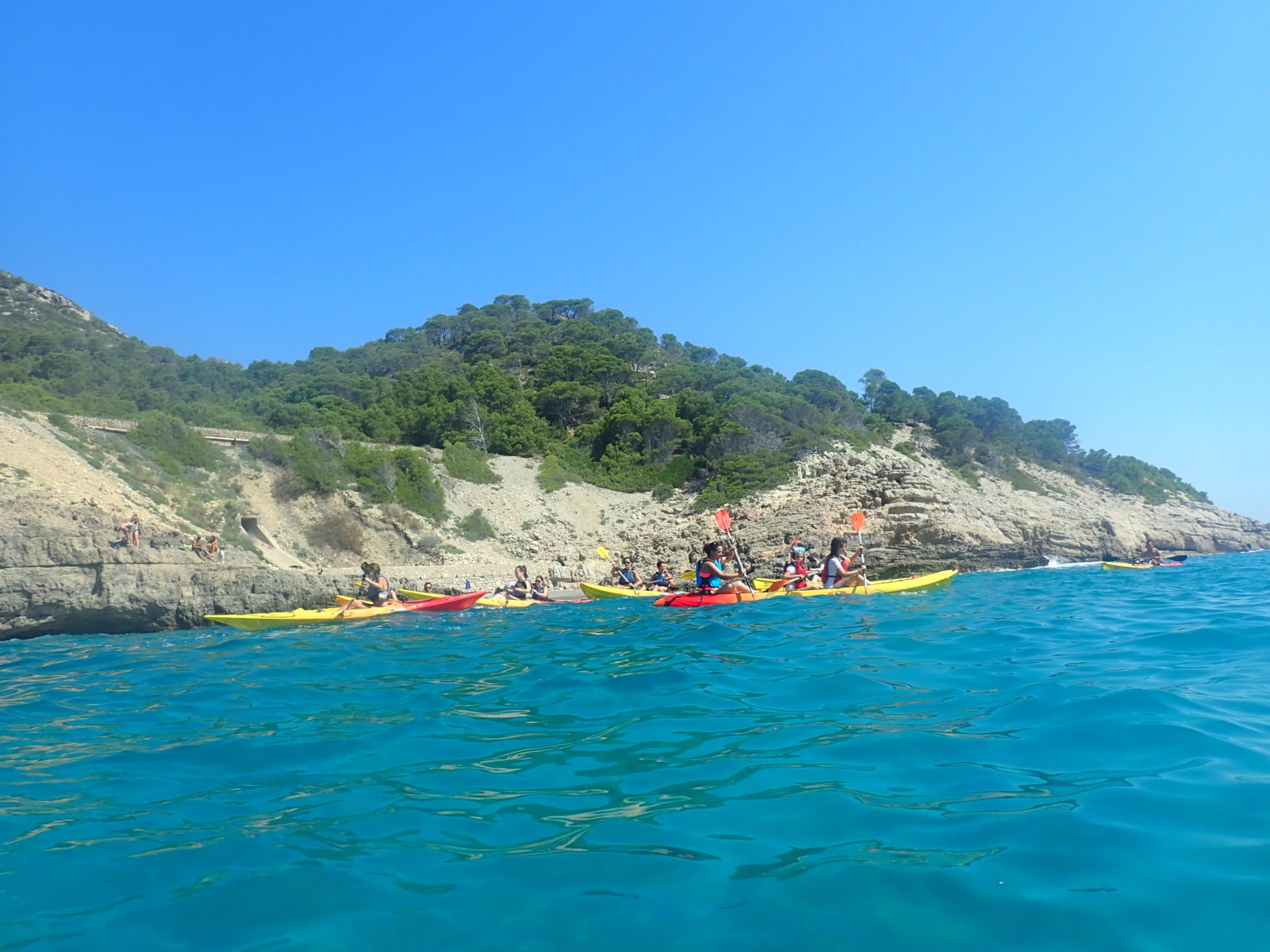 : Un grupo de kayaks navegando en aguas cristalinas junto a acantilados rocosos y vegetación mediterránea bajo un cielo azul.