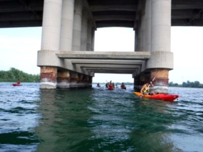 Un grupo de kayakistas navega por las aguas bajo la imponente estructura de un gran puente, disfrutando de una perspectiva única.