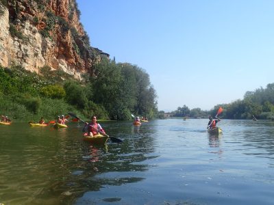 Numerosos kayaks con sus ocupantes disfrutan de un paseo por las aguas del río, enmarcado por un impresionante acantilado rocoso y densa vegetación, bajo un cielo despejado.